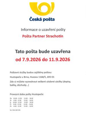 Pošta Partner Strachotín bude uzavřena 7.-11.9.2026